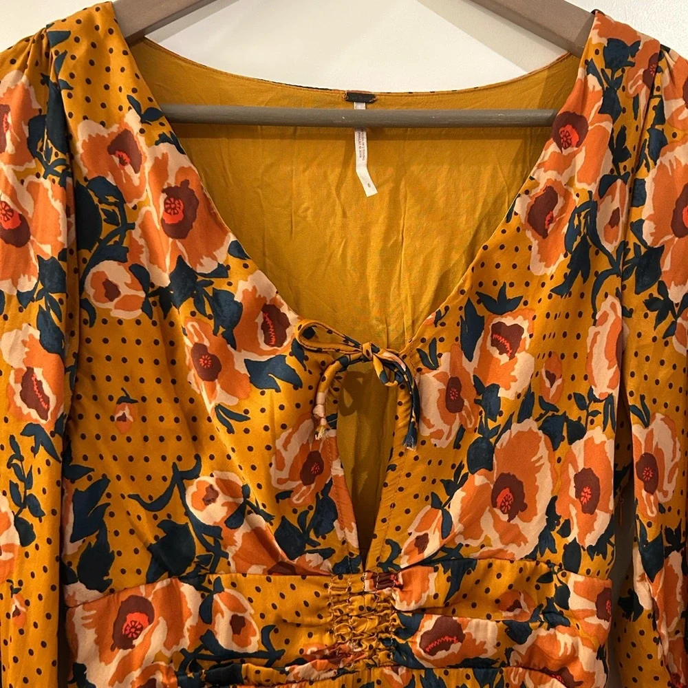 Free People Morning Light Golden Yellow Floral Long Sleeve Dress Size 8